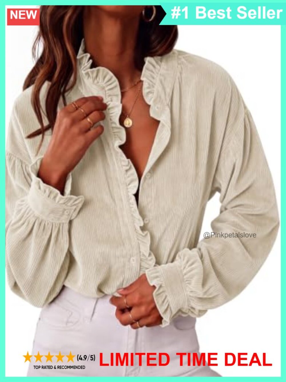 Corduroy Ruffle Button Down Blouse Long Sleeve Loose Fit Women's Top